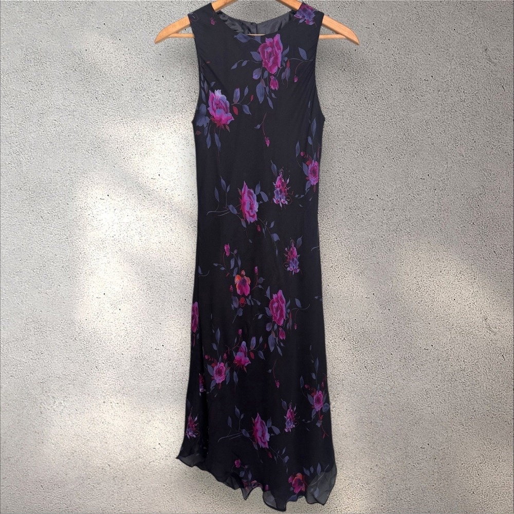 Vtg Y2K Floral Rosette Silk Maxi Dress Asymmetric Handkerchief Fairy Goth Sz 12